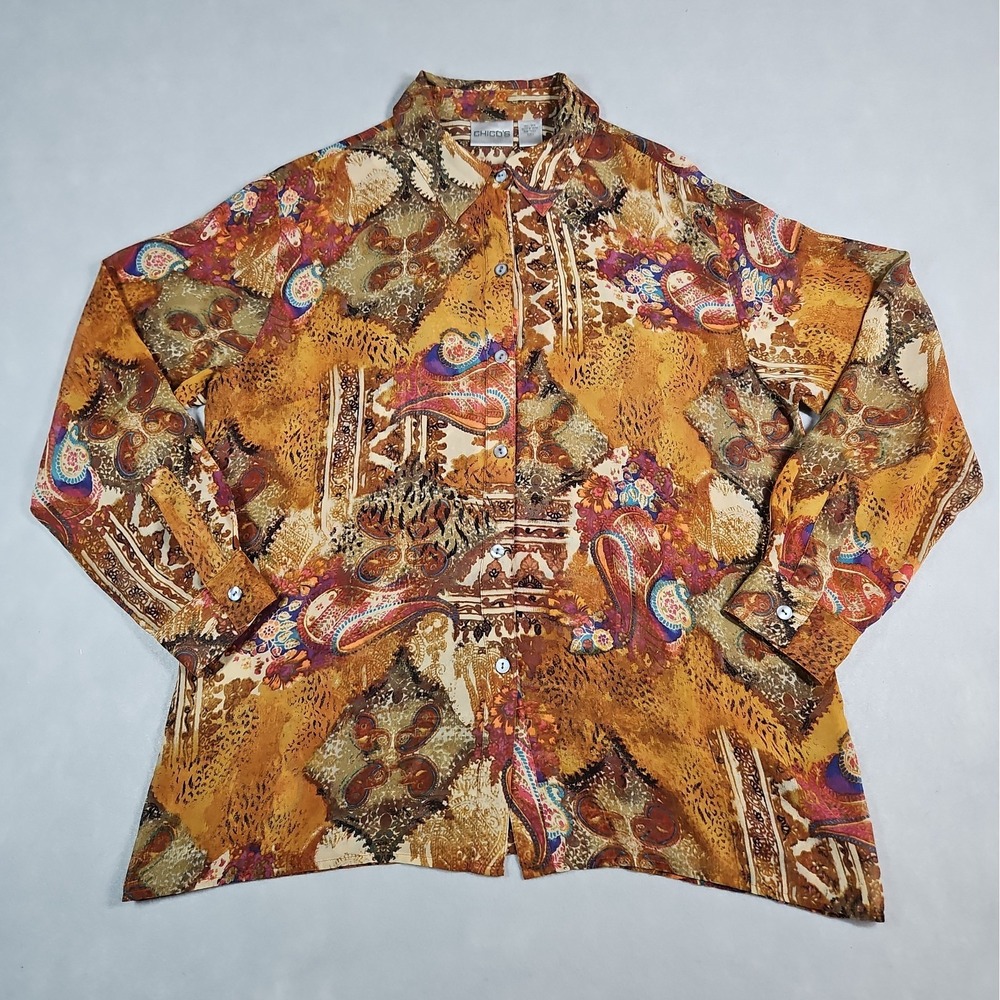 Chicos Womens Brown Paisley Silk Semi Sheer Button Up Blouse Size 1 (Medium)